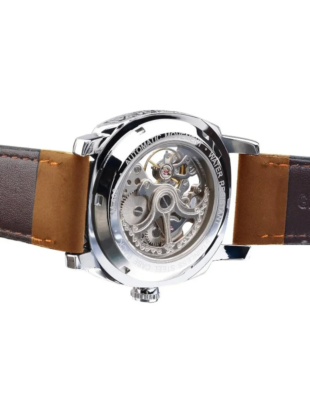 Men's Silver Brown Mechanical Leather Strap Self-Wind Carved Automatic Watch